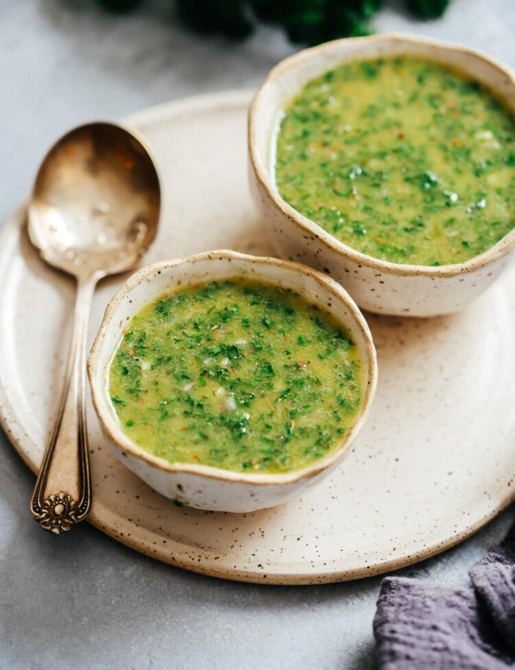 two small dishes of green chimichurri