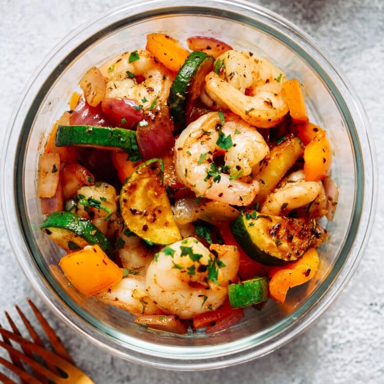 overhead view of Shrimp and Veggies Meal Prep Bowl