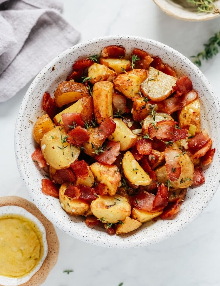 overhead image: bowl of roasted potato salad