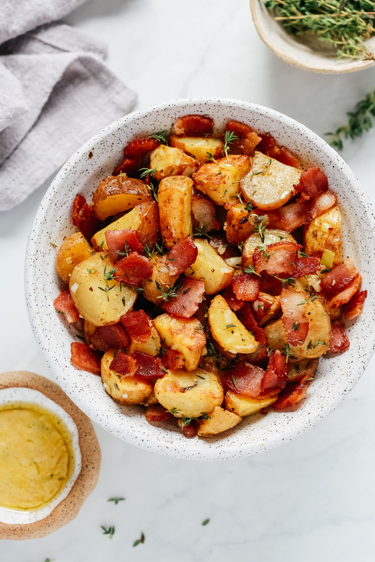 overhead image: bowl of roasted potato salad