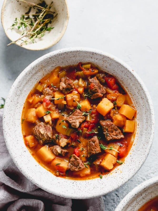 overlook of a bowl of instant pot vegetable beef soup