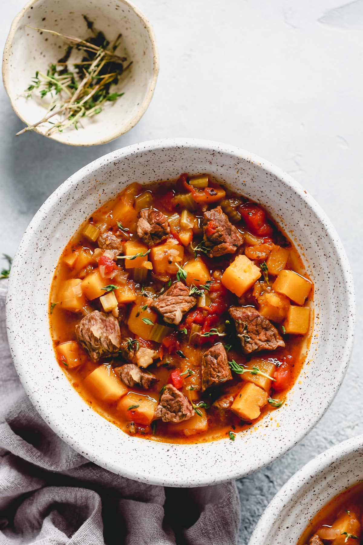 overlook of a bowl of instant pot vegetable beef soup 