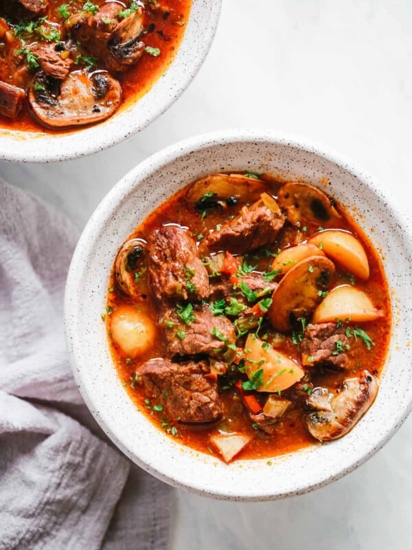 overhead view of a bowl containing beef stew