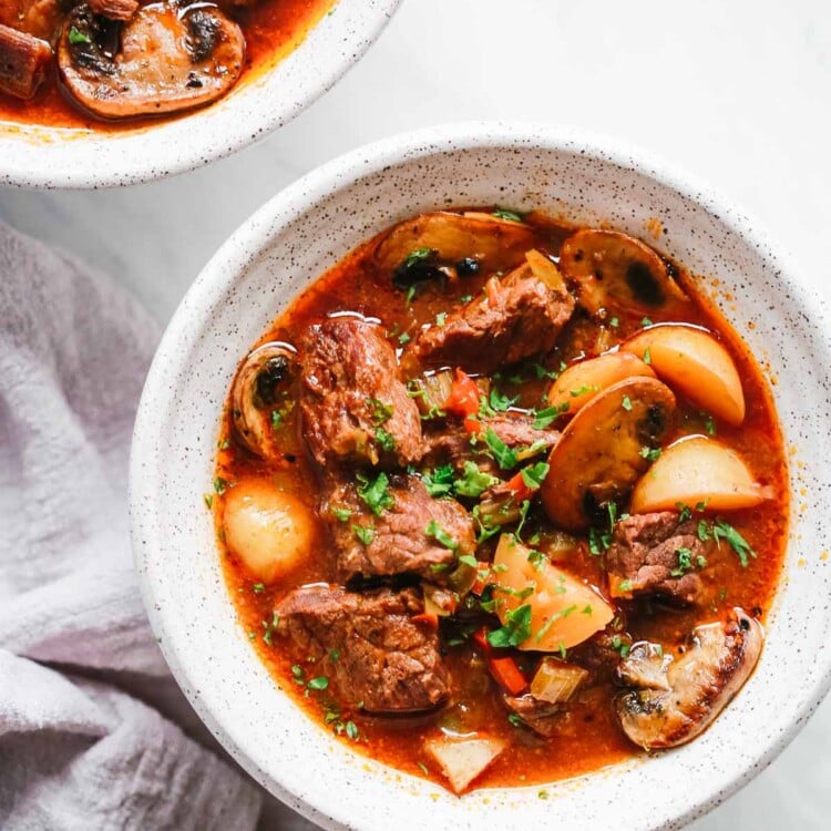 overhead view of a bowl containing beef stew