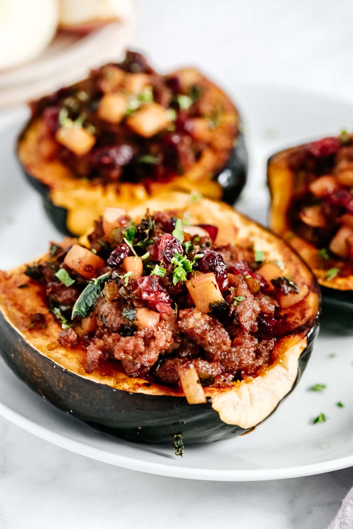 Close up of Sausage Stuffed Acorn Squash.