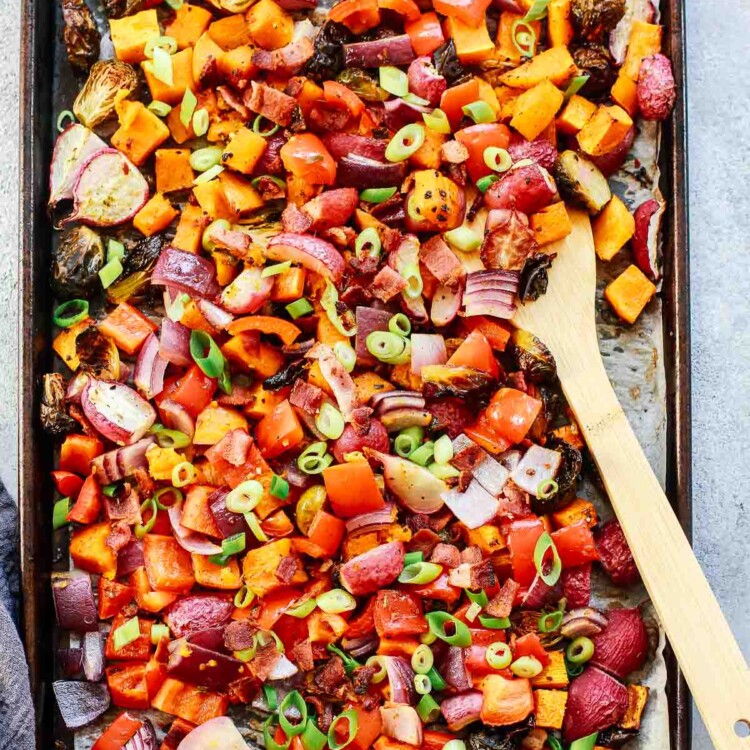 overhead view of roasted vegetables on sheet pan