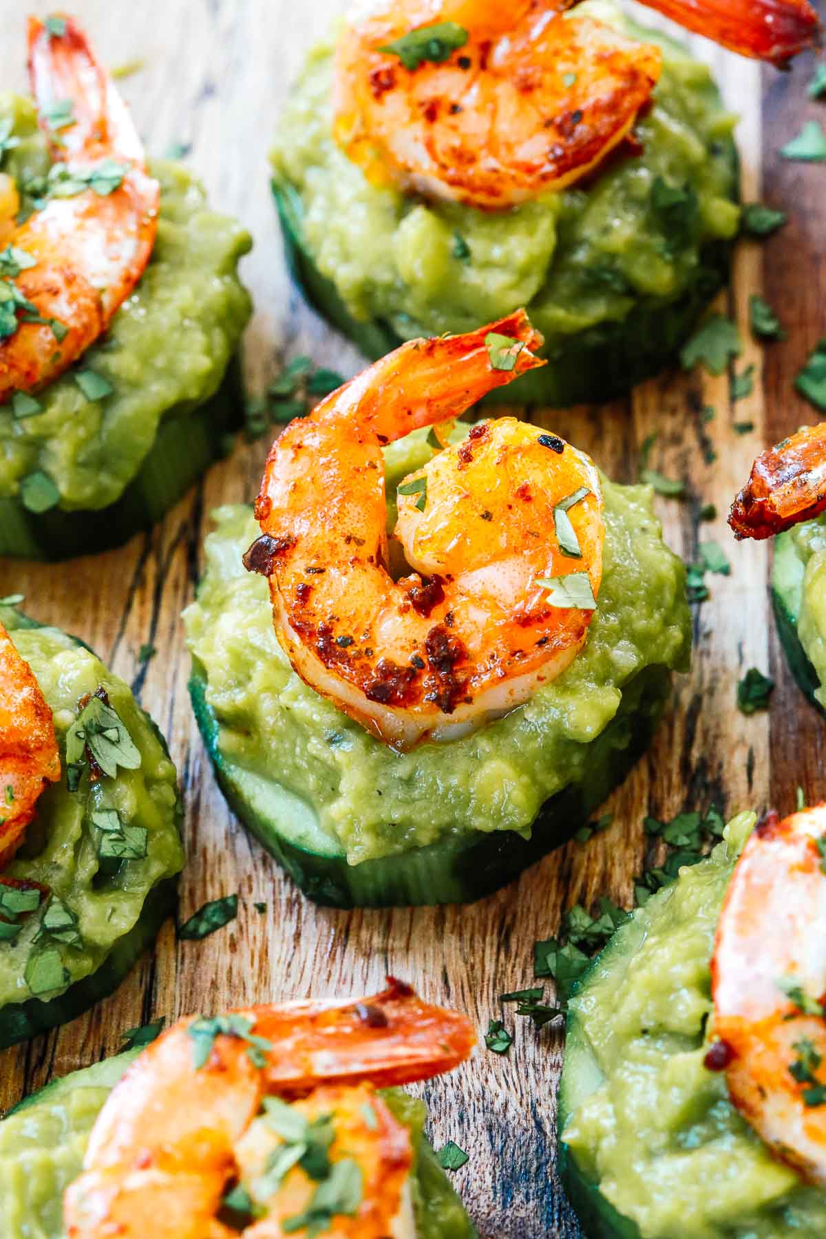 Close up of a shrimp guacamole bites.