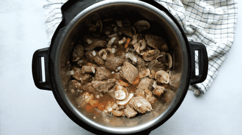 overhead view of beef stew in a instant pot bowl
