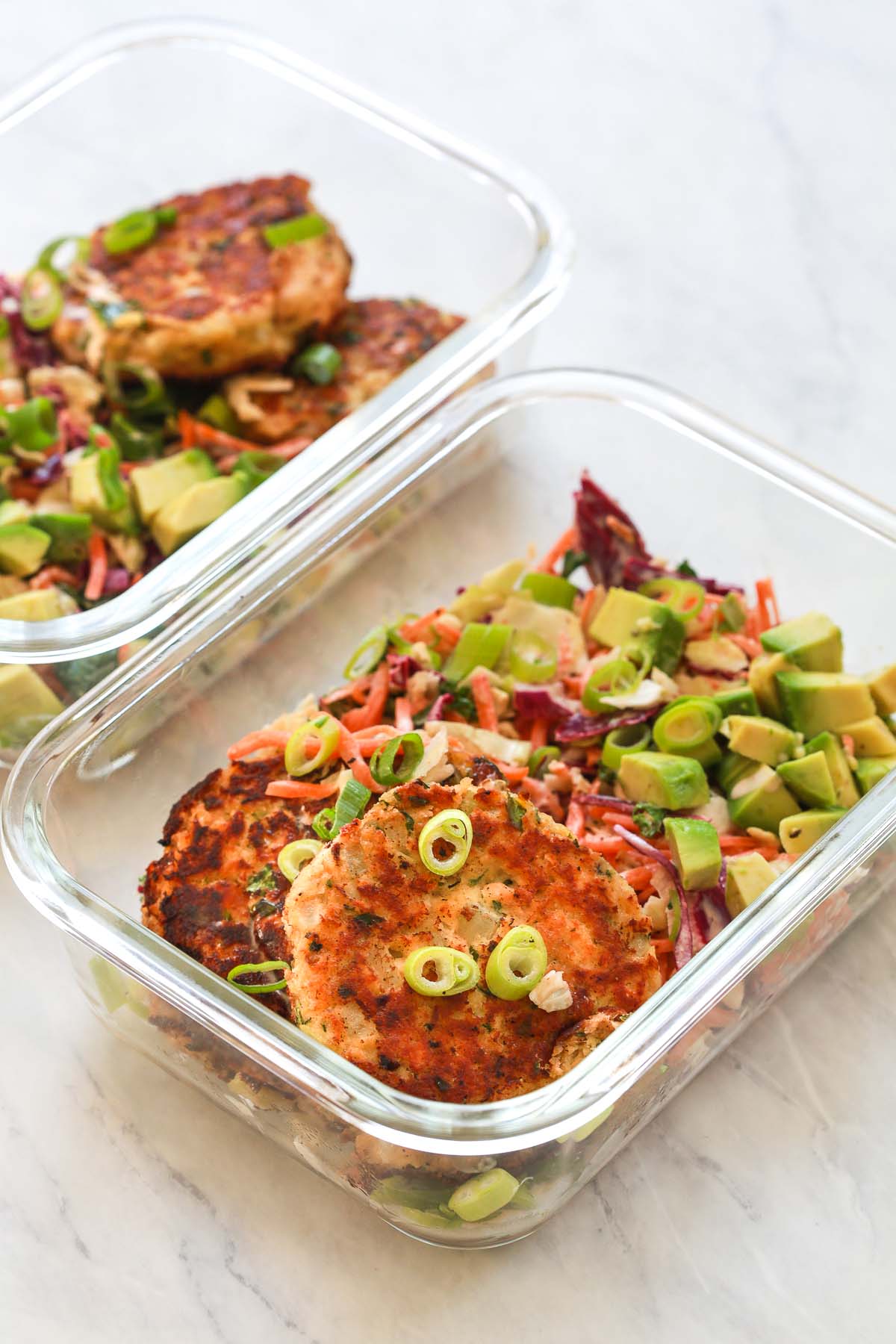 Closeup shoot of salmon patties bowls