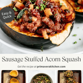Titled Photo Collage (and shown): sausage stuffed acorn squash
