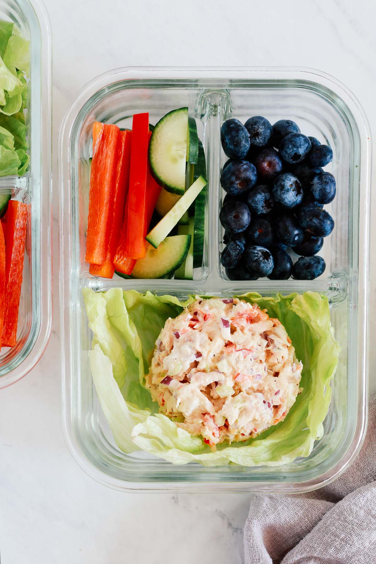 tuna salad bowls with blueberries and cucumbers