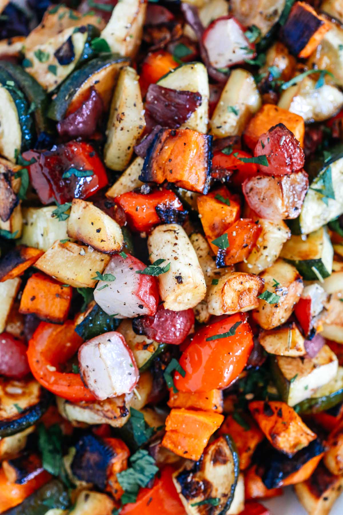 super closeup of balsamic vegetables recipe