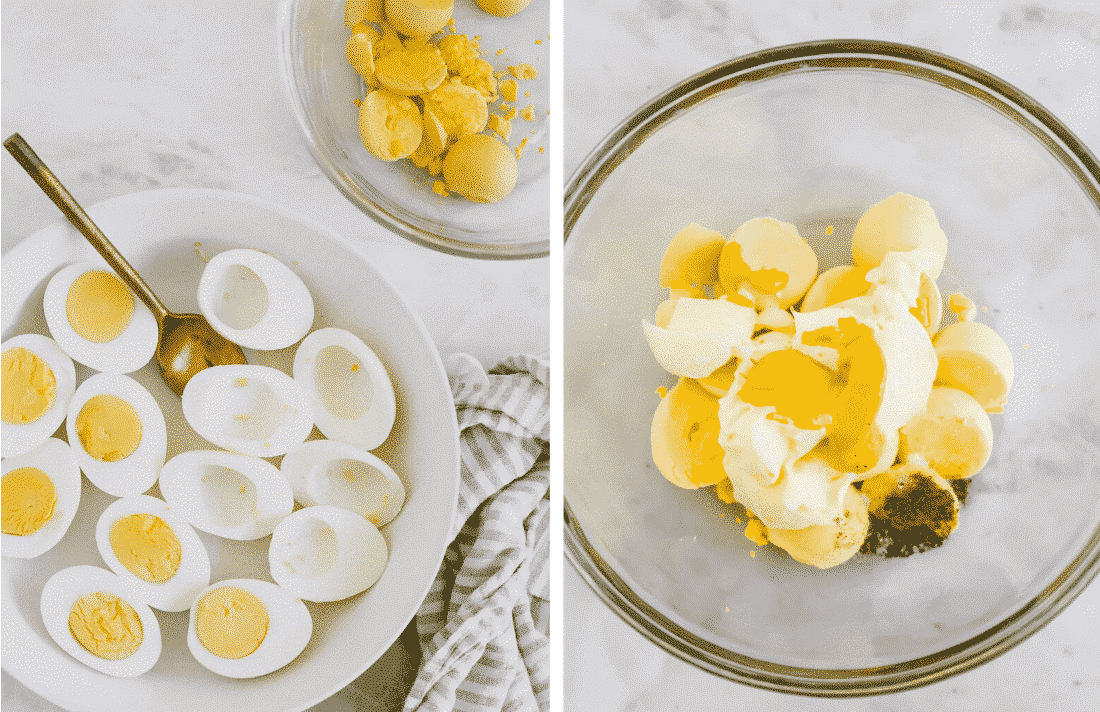set of two photos showing the yolks being scooped out and combined with seasoning.