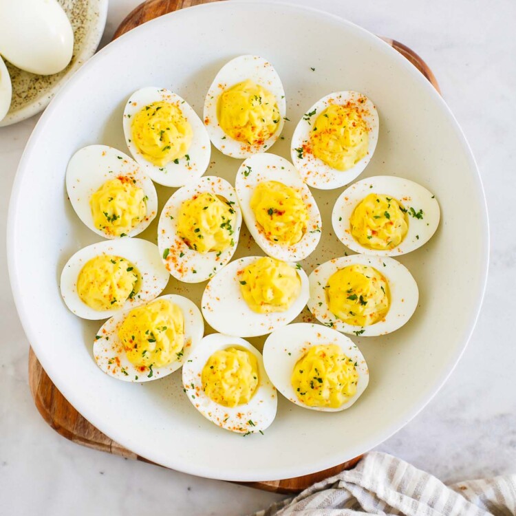 overhead view of a plate containing deviled eggs