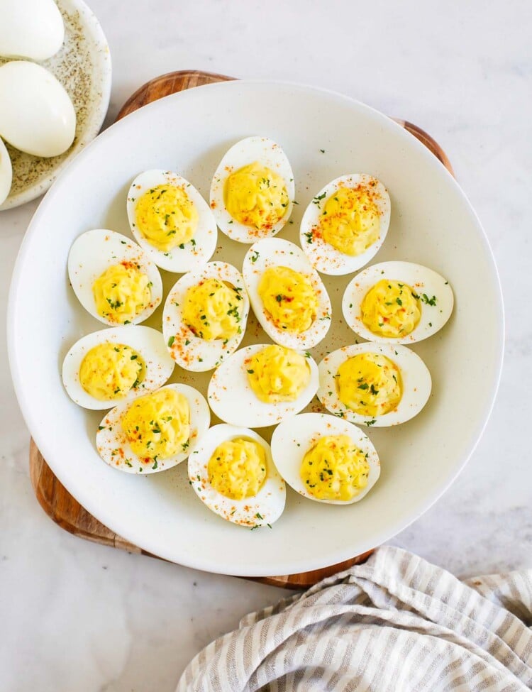 overhead view of a plate containing deviled eggs