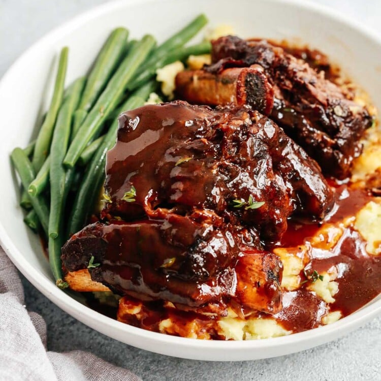 overhead view of a bowl containing Instant pot short ribs