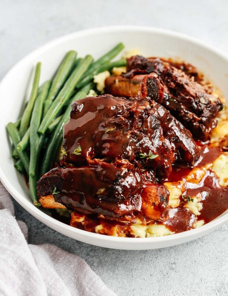 overhead view of a bowl containing Instant pot short ribs