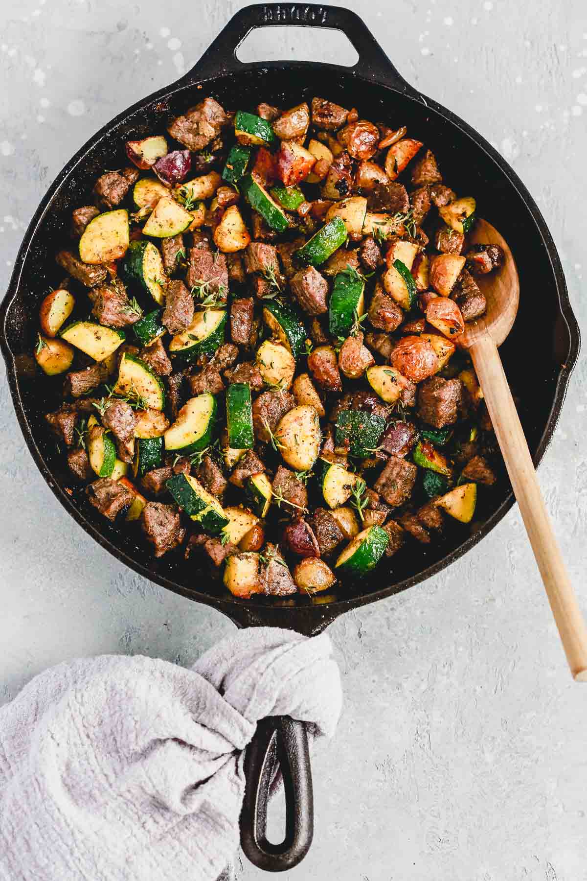 beef and zucchini skillet over head shot 