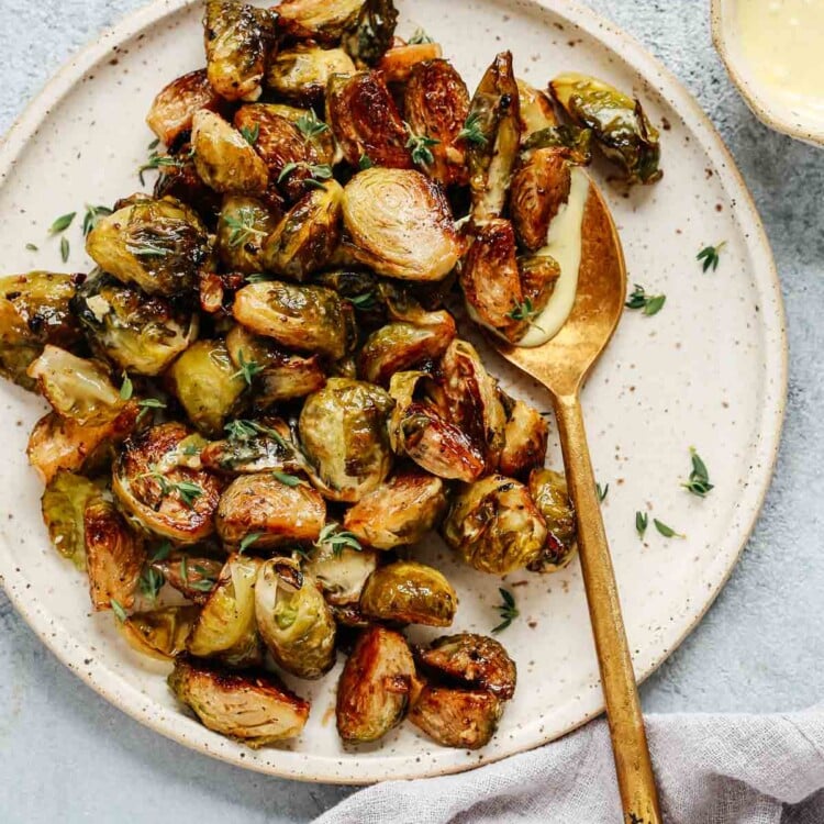 overhead view of Roasted Brussels sprouts on serving platter.