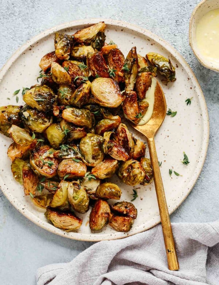 overhead view of Roasted Brussels sprouts on serving platter.