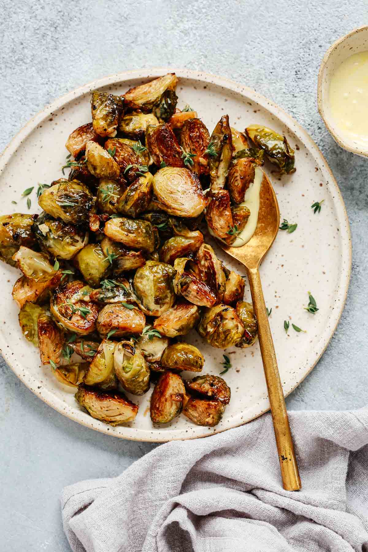 overhead view of Roasted Brussels sprouts on serving platter. 