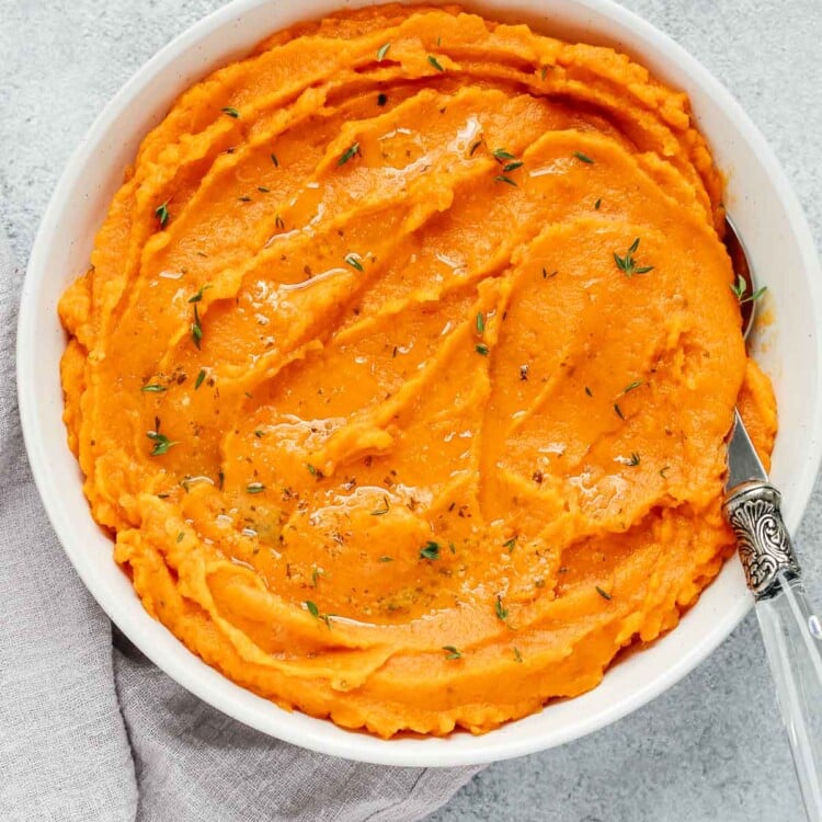 bowl of savory mashed sweet potatoes