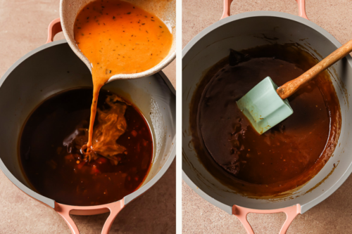 Side-by-side images: On the left, sauce is poured from a bowl into a pot for Instant Pot Short Ribs. On the right, a thick, dark sauce is stirred with a green spatula in the same pot.