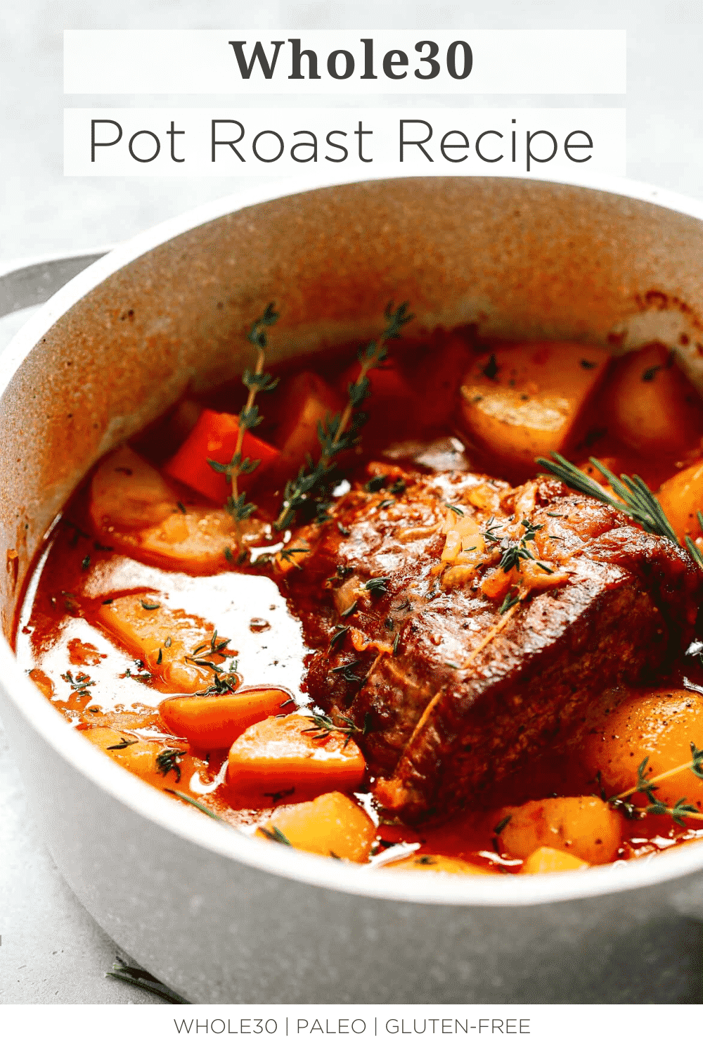 close up of a large white pot containing Whole30 Pot Roast
