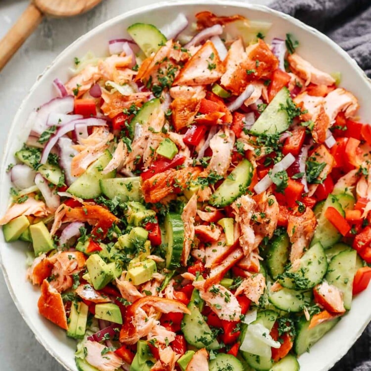 Overhead photo of a salmon salad.