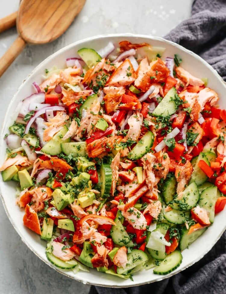 Overhead photo of a salmon salad.