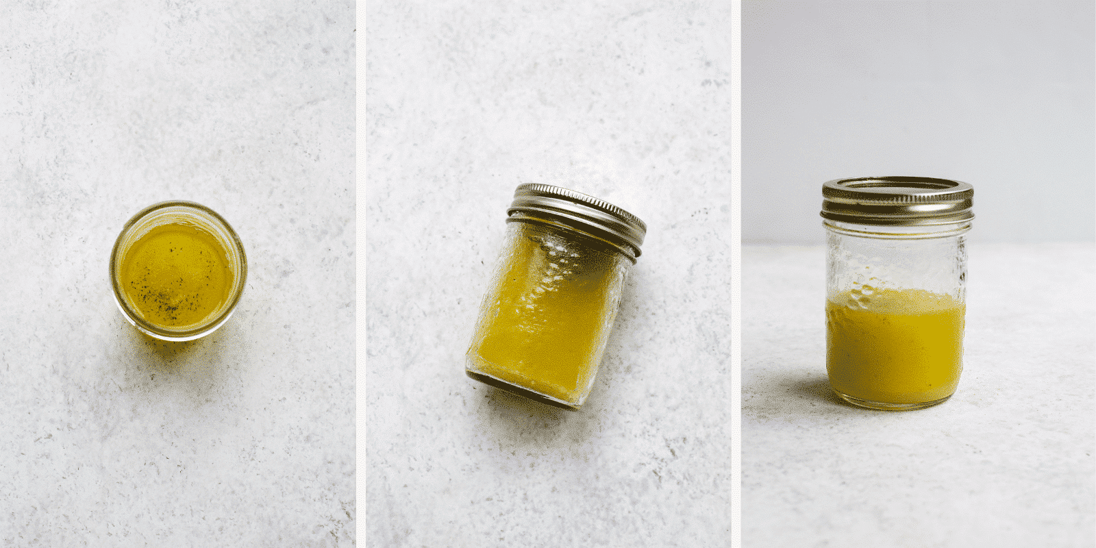 Three-panel image showing a small glass jar with a metal lid, partially filled with yellow Greek Chicken Salad dressing. The jar is pictured from above, lying on its side, and standing upright on a light-colored surface.