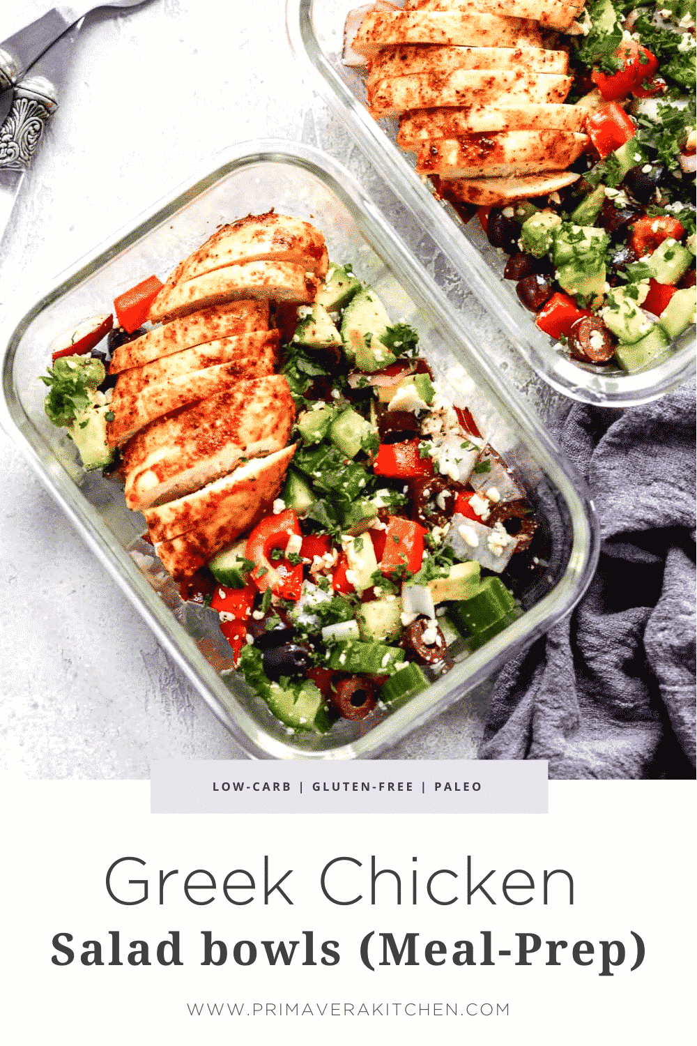 titled photo collage (and shown): Greek Chicken Salad Meal Prep Bowls 