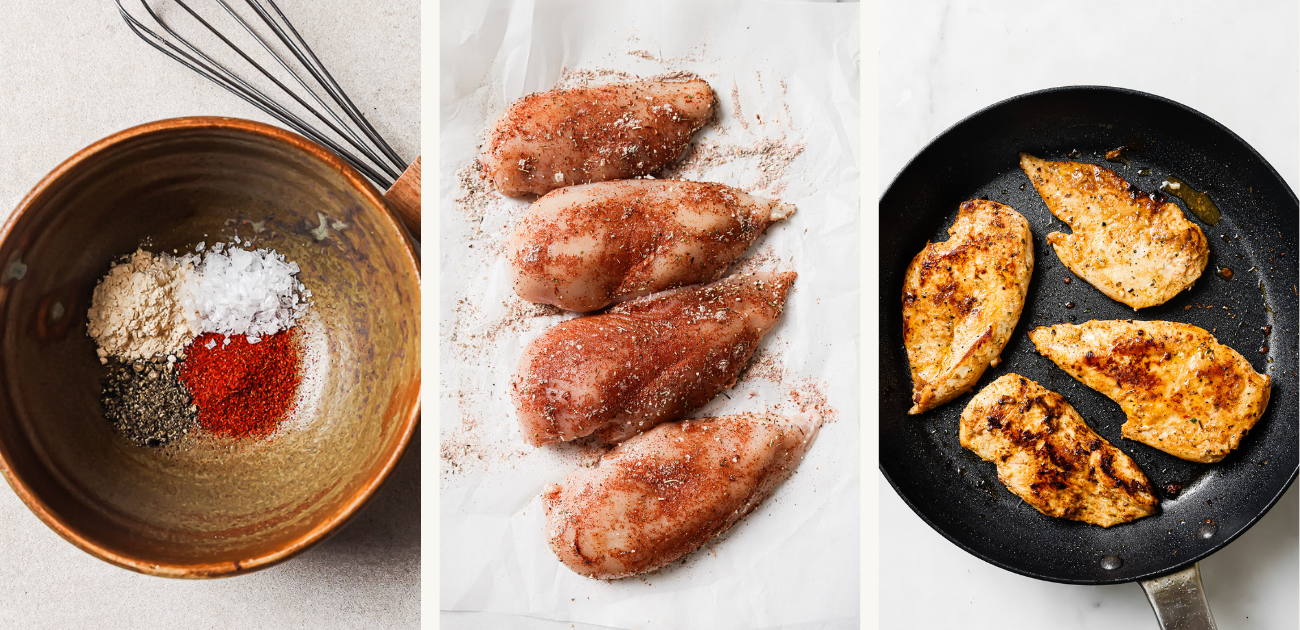 Three-step process: a bowl with spices and a whisk, raw chicken breasts coated with Greek Chicken Salad seasoning on parchment paper, and cooked chicken breasts browning in a black skillet.