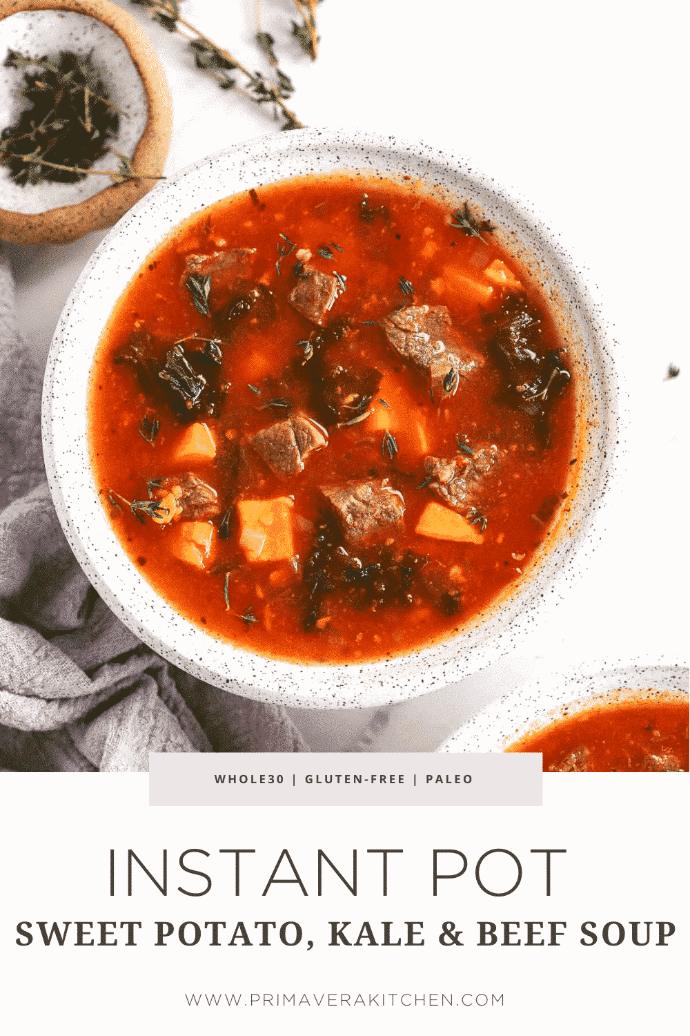 titled photo collage (and shown): Instant Pot Sweet Potato Kale Beef Soup 