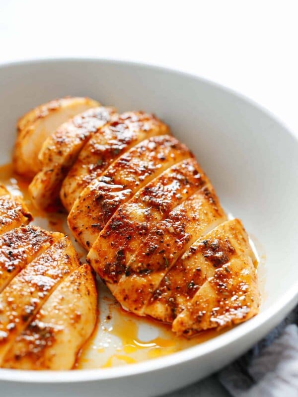 close up of a baked sliced chicken breast