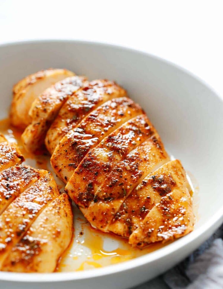 close up of a baked sliced chicken breast