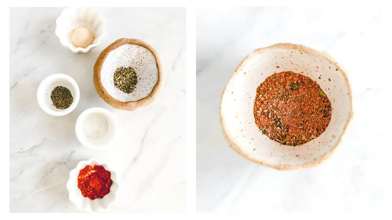 small bowls with dried herbs and spices for chicken seasoning