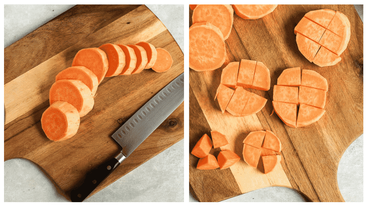 raw chopped sweet potato on a wooden board.
