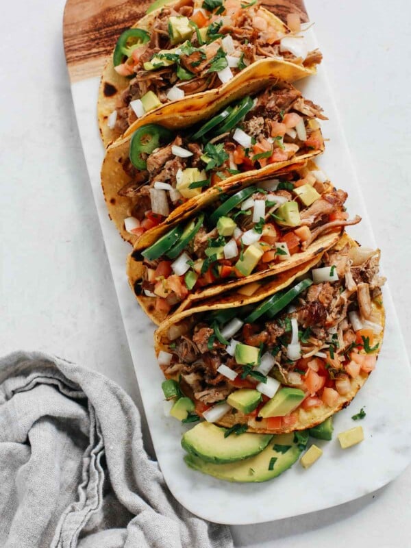 tray of slow cooker carnitas tacos