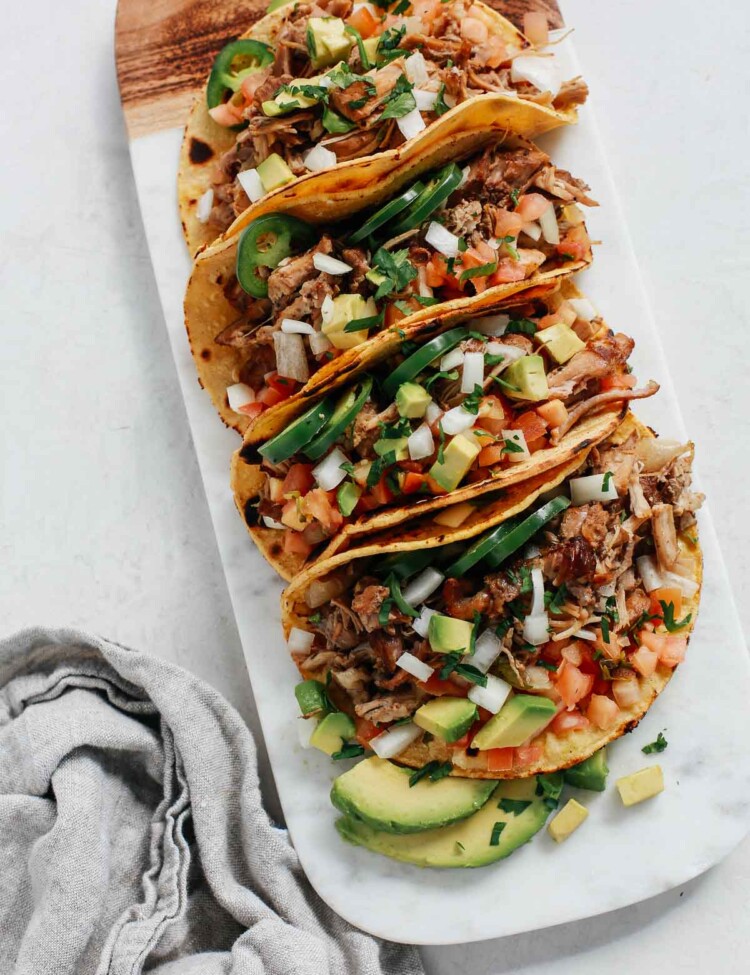 tray of slow cooker carnitas tacos