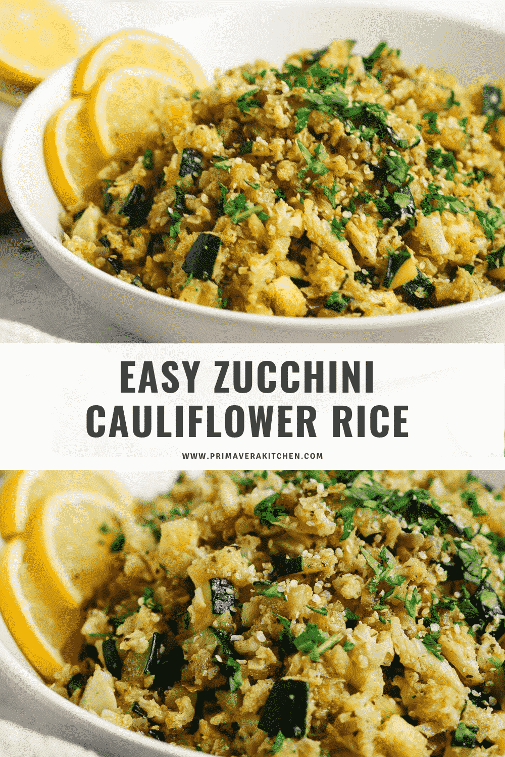 titled photo collage (and shown): Easy Zucchini Cauliflower rice 