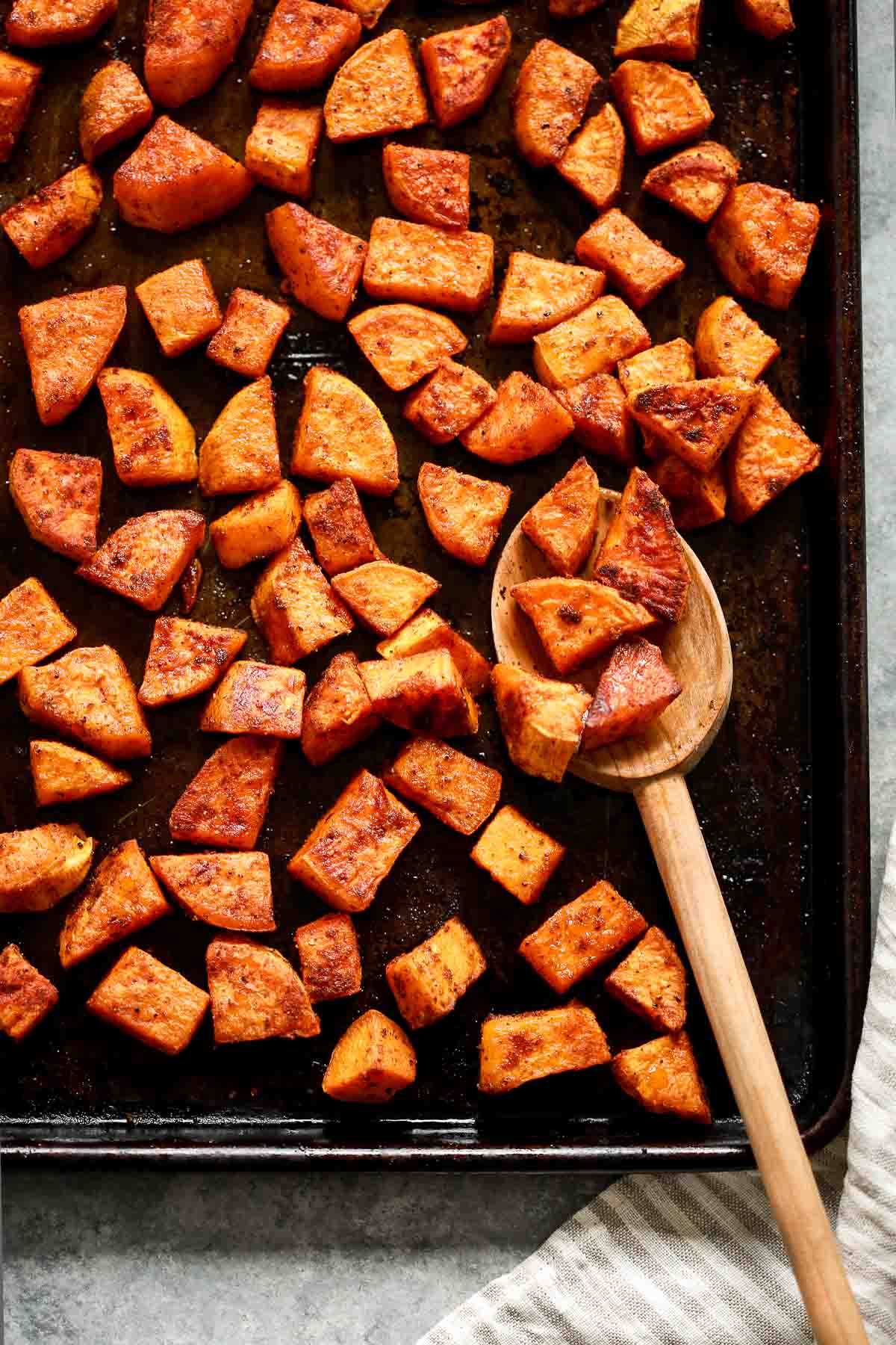 roasted sweet potato on a baking tray