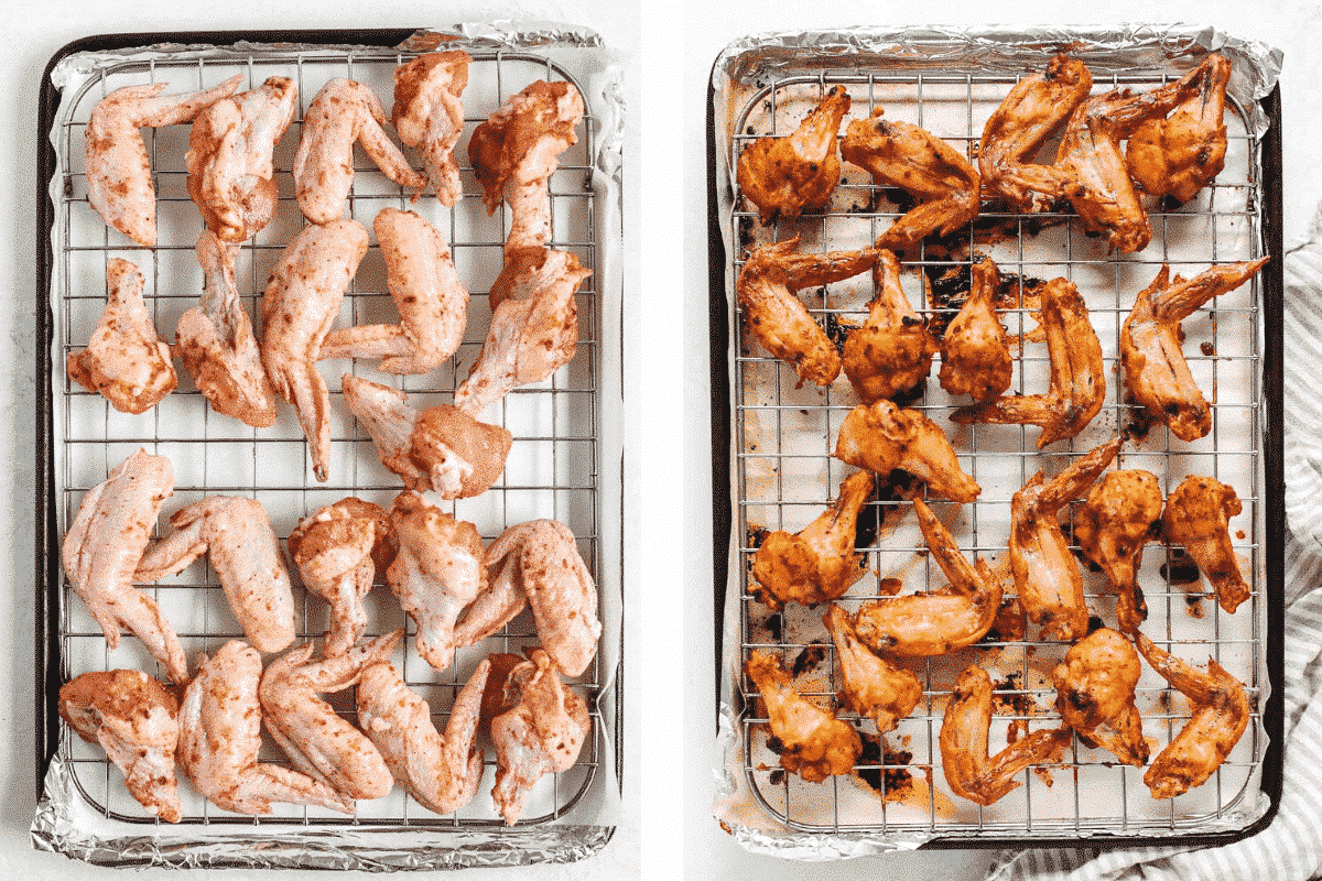 2 baking sheets with chicken wings; one before baking and one after baking
