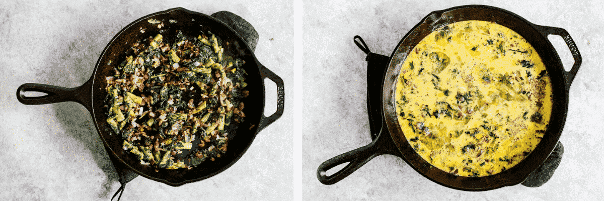 Step-by-step instructions for making a vegetable frittata in a skillet