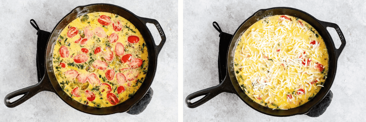 Step-by-step photos show how to make oven baked eggs in a skillet