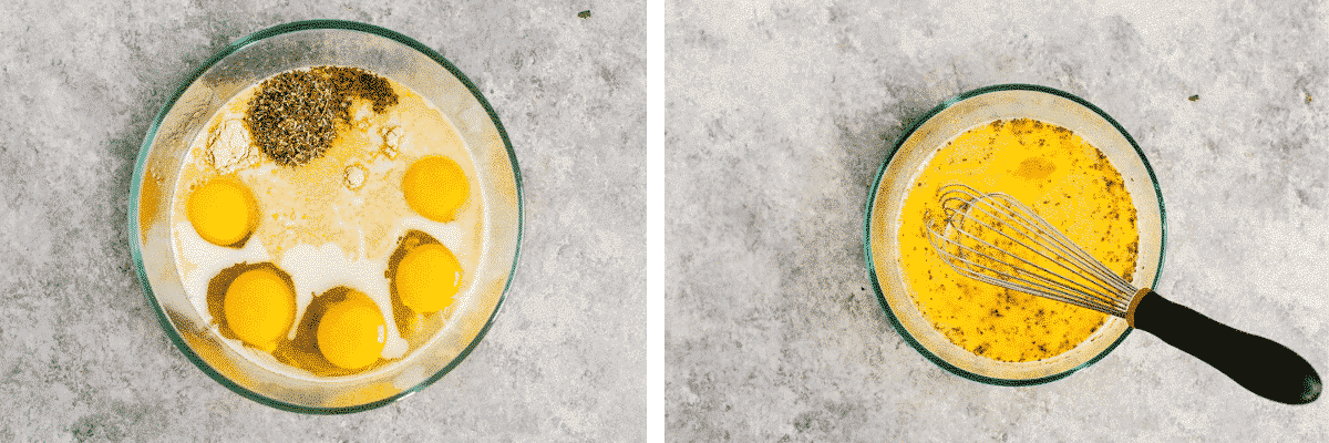 whisking eggs, milk, and seasoning in a glass bowl