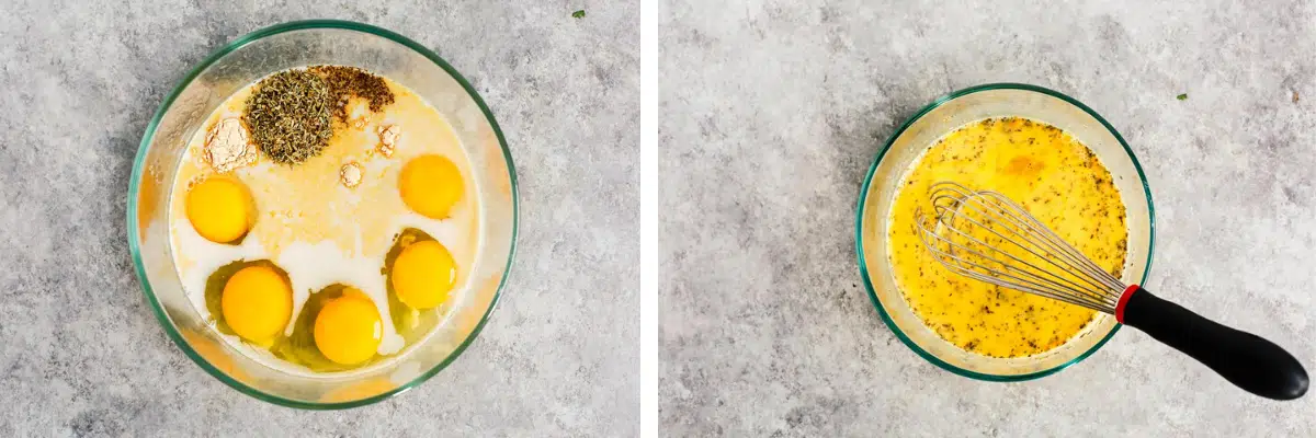 whisking eggs, milk, and seasoning in a glass bowl