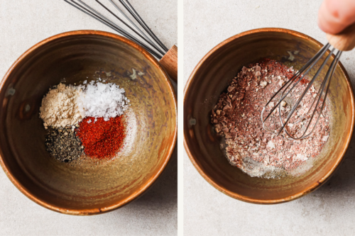 Two side-by-side images show a brown bowl with spices—perfect for roasted sweet potato—like black pepper, paprika, salt, and onion powder on the left, and the same bowl with the spices being whisked together on the right.