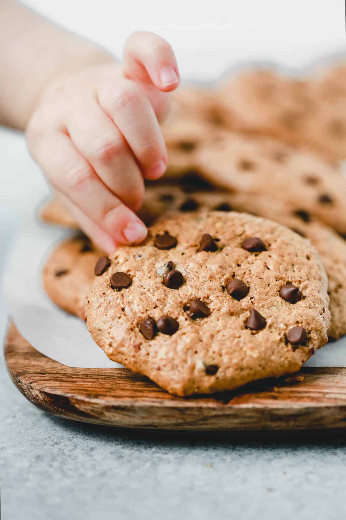 close up of a kid hand holding a chocolate chip cookie
