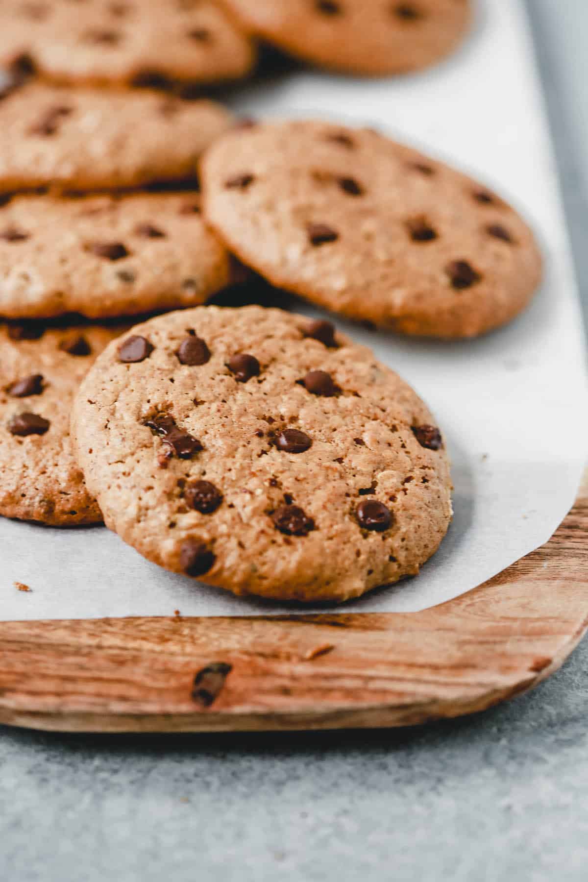 almond butter chocolate chip cookie from a tray